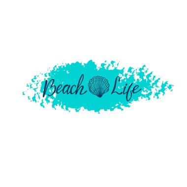 Sahil hayatı, el yazması harfler. Tasarım elemanları ile beyaz arkaplanda izole edilmiş metin. Yazın fotoğraf baskısı, tişört baskısı, broşür, poster tasarımı. Plaj hayatı mesajı