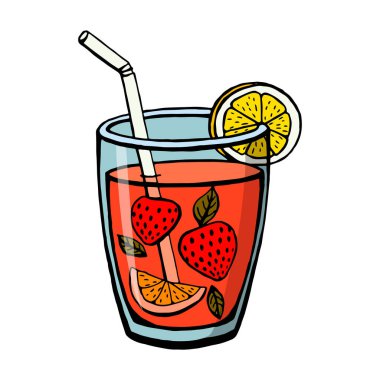 El çizimi, beyaz arka planda izole edilmiş alkolsüz içecekler. Limonata çileği, limon ve nane yaprağı. Robot resim biçiminde vektör illüstrasyonları.