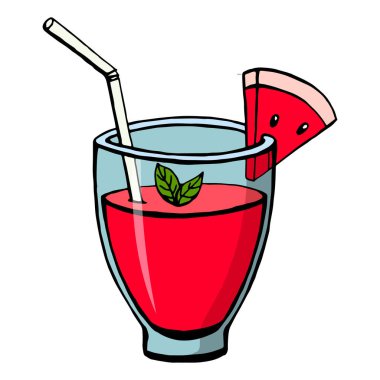 El çizimi, beyaz arka planda izole edilmiş alkolsüz içecekler. Karpuz taze smoothie. Robot resim biçiminde vektör illüstrasyonları.