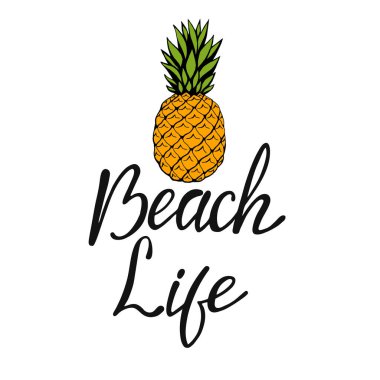 Sahil hayatı, el yazması harfler. Tasarım elemanları ile beyaz arkaplanda izole edilmiş metin. Yazın fotoğraf baskısı, tişört baskısı, broşür, poster tasarımı. Plaj hayatı mesajı