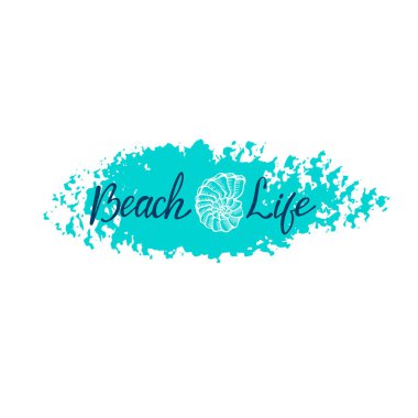 Sahil hayatı, el yazması harfler. Tasarım elemanları ile beyaz arkaplanda izole edilmiş metin. Yazın fotoğraf baskısı, tişört baskısı, broşür, poster tasarımı. Plaj hayatı mesajı