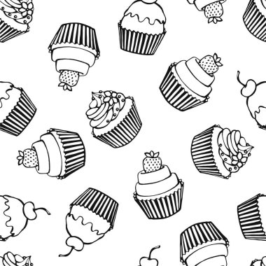 Kekle kusursuz bir desen. Elle çizilmiş tatlılar. Vektör çizimi. Selamlama, davetiye, ambalaj kağıdı, tekstil ve web tasarımı için mükemmel..