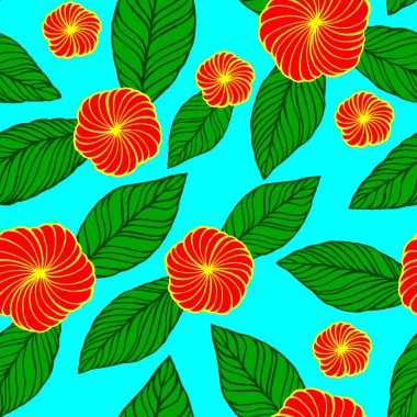 Kusursuz desenli tropikal yaprak ve çiçek arkaplanı. El çizimi vektör çizimi. Selamlama, davetiye, ambalaj kağıdı, tekstil ve web tasarımı için mükemmel..