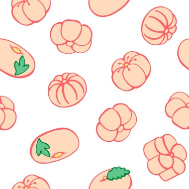 Japon tatlısı, tatlı, mochi ve wagashi ile kusursuz bir desen. Robot resim şeklinde elle çizilmiş vektör çizimi. Selamlama, davetiye, ambalaj kağıdı, tekstil ve web tasarımı için mükemmel.
