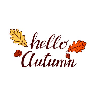 Dekoratif unsurlarla el yazısı, sonbahar yaprakları. Beyaz arkaplana 