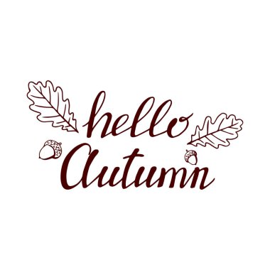 Dekoratif unsurlarla el yazısı, sonbahar yaprakları. Beyaz arkaplana 