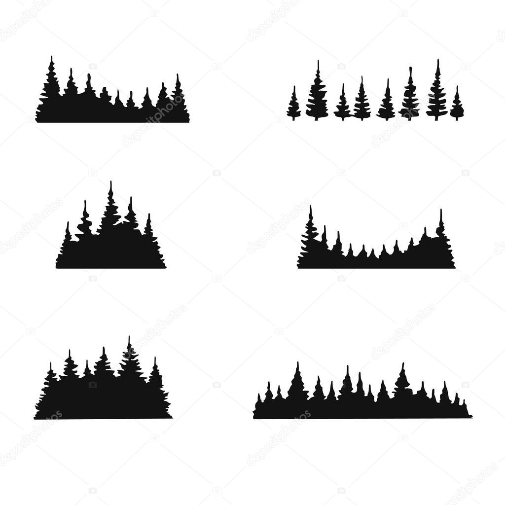 Set of pine trees forest silhouette isolated on white background. Hand drawn vector illustration.