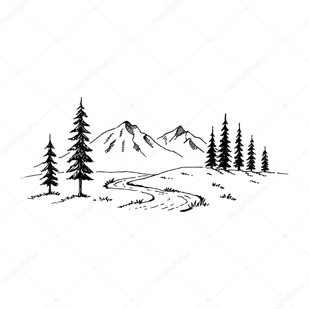 Mountain with pine trees and landscape black on white background. Hand drawn rocky peaks in sketch style. Vector illustration.