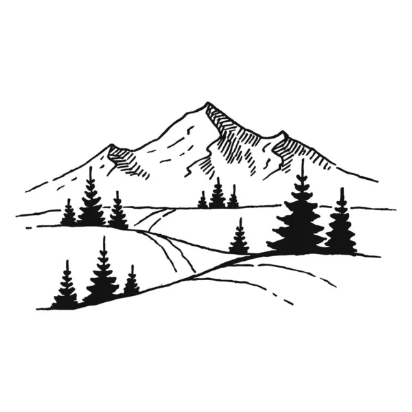 Ilustración Vectorial Dibujada Mano Del Paisaje Montaña Con Pinos — Vector de stock