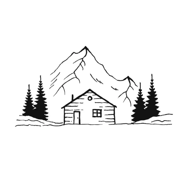 Гора Соснами Пейзаж Загородного Дома Черный Белом Фоне Ручной Рисунок — стоковый вектор