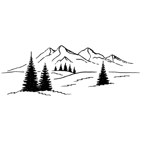 Handgezeichnete Vektorillustration Der Berglandschaft Mit Kiefern — Stockvektor