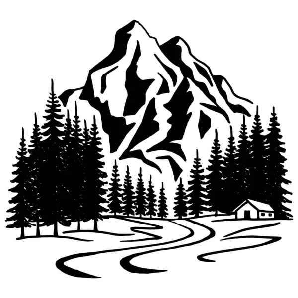 Montaña Con Pinos Paisaje Negro Sobre Fondo Blanco Picos Rocosos — Vector de stock