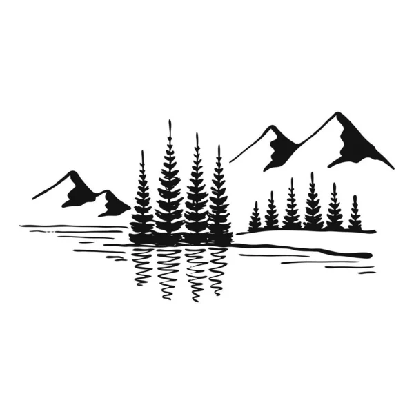 白い背景に松の木や湖の風景黒と山 手のスケッチスタイルで岩のピークを描いた ベクターイラスト — ストックベクタ