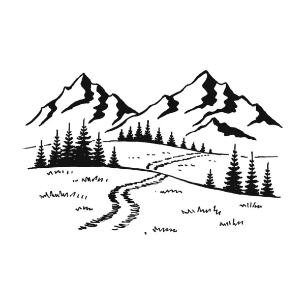 Montaña Con Pinos Paisaje Negro Sobre Fondo Blanco Picos Rocosos — Vector de stock