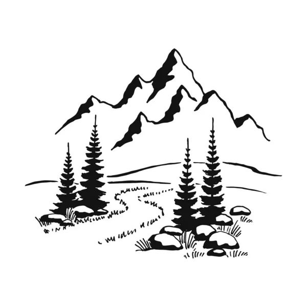 Montaña Con Pinos Paisaje Negro Sobre Fondo Blanco Picos Rocosos — Vector de stock