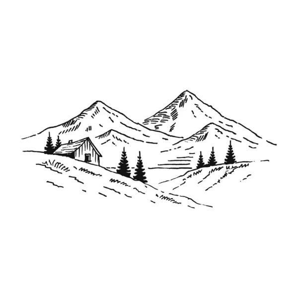 Casa Montañas Con Pinos Paisaje Negro Sobre Fondo Blanco Picos — Vector de stock