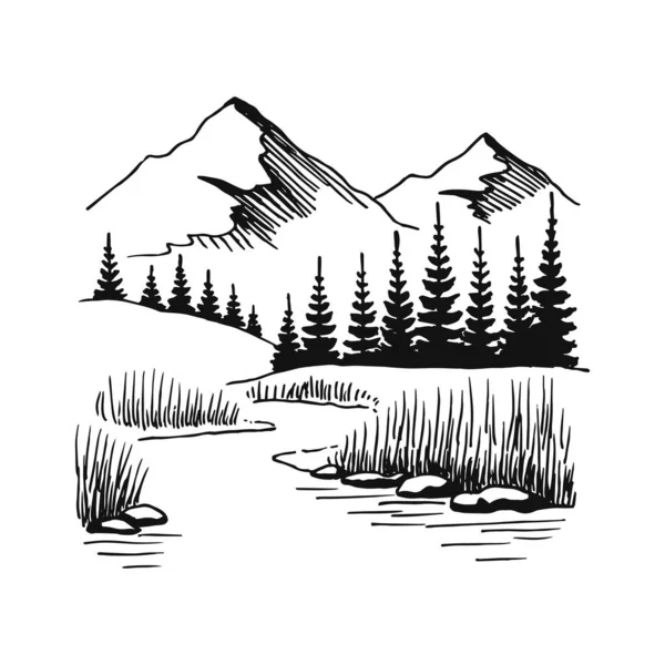 Mountain with pine trees and lake landscape black on white background. Hand drawn rocky peaks in sketch style. Vector illustration. — Stock Illustration Mountain Pine Trees Lake Landscape Black White Background Hand Drawn Stock Illustration