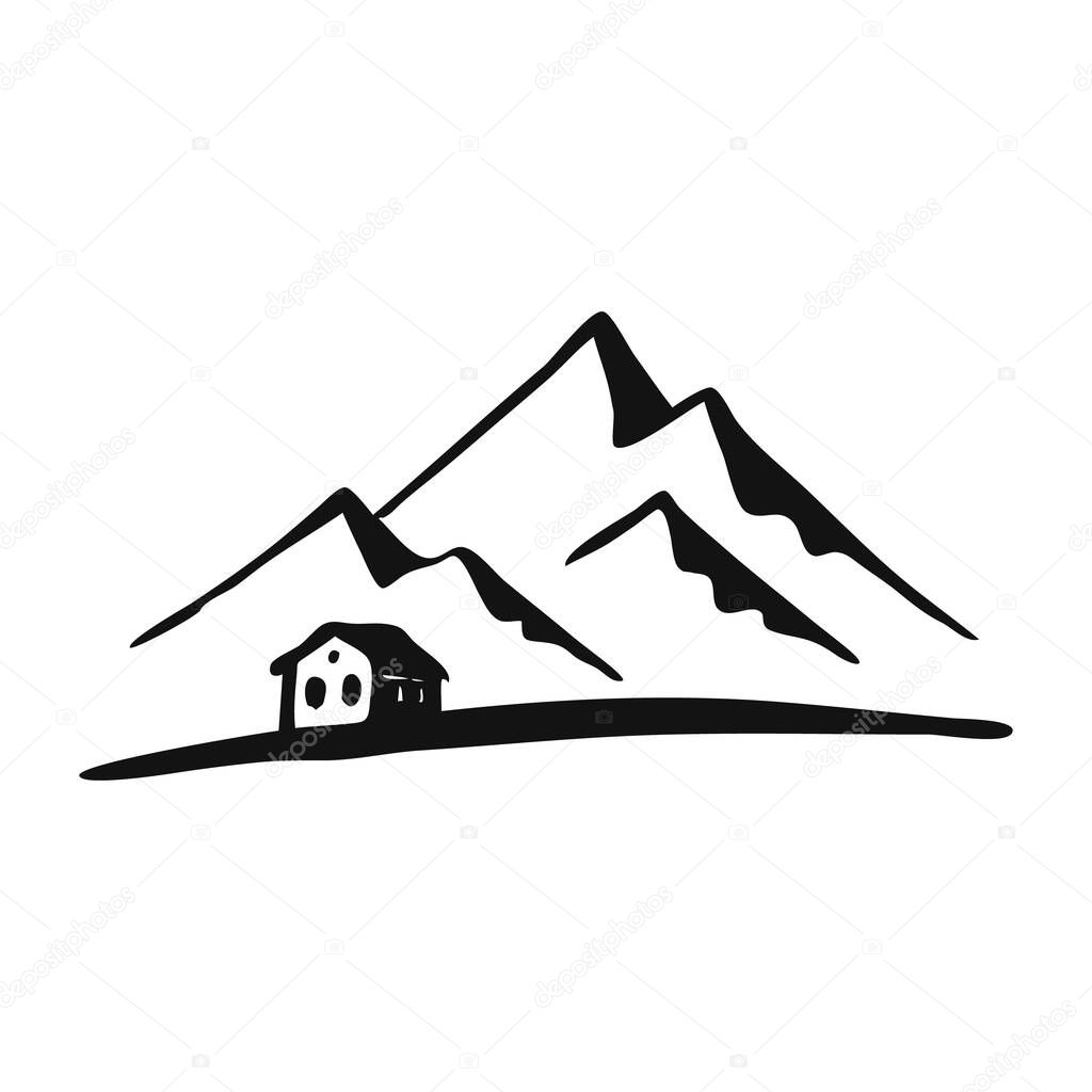 Cabin in mountains. Landscape black on white background. Hand drawn rocky peaks in sketch style. Vector illustration.