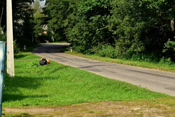 Köy sokağı, yol kenarındaki çöp torbaları.