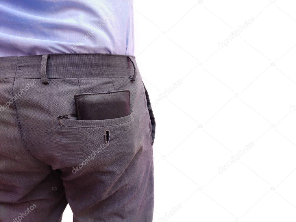 Close up man kept his wallet money in the back pocket of pants. background wallpaper white