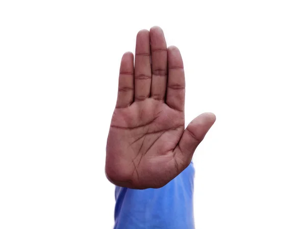 男子手伸显示停止信号由手掌白色背景与文字的空白处. — 图库照片