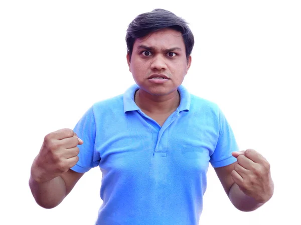 Very angry young man in t shirt staring vigorously , shouting — Stock Photo, Image