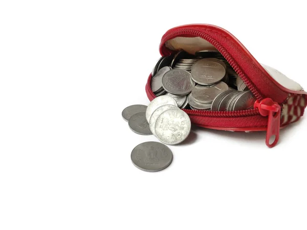 Coins in ladies purse on White background — Stock Photo, Image