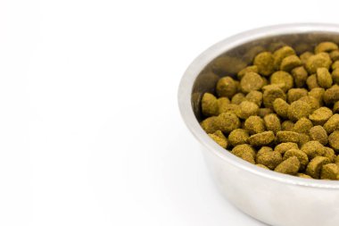 Beyaz arka planda izole edilmiş çelik bir kase evcil hayvan maması. Kapatın. Ders için alan - Hayvan bakımı veterinerlik konsepti.