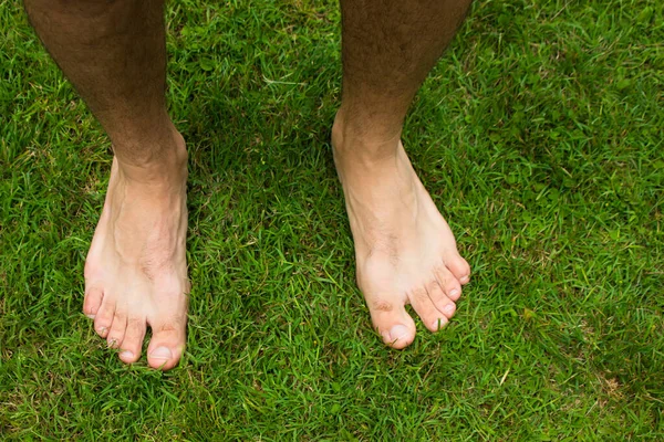 Bare Men Feet Green Lawn Man Standing Grass Proximity Nature — Stock Photo, Image