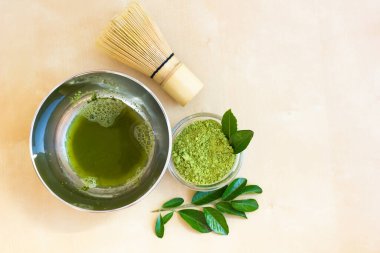 Matcha tea cappuccino. Adım 2 - 80-100 ml sıcak kaynamış su ekle. Adım adım talimatlar. Kendin yap (DIY). Süper yemek. Kibrit töreni. Sağlıklı yiyecekler. Üst görünüm