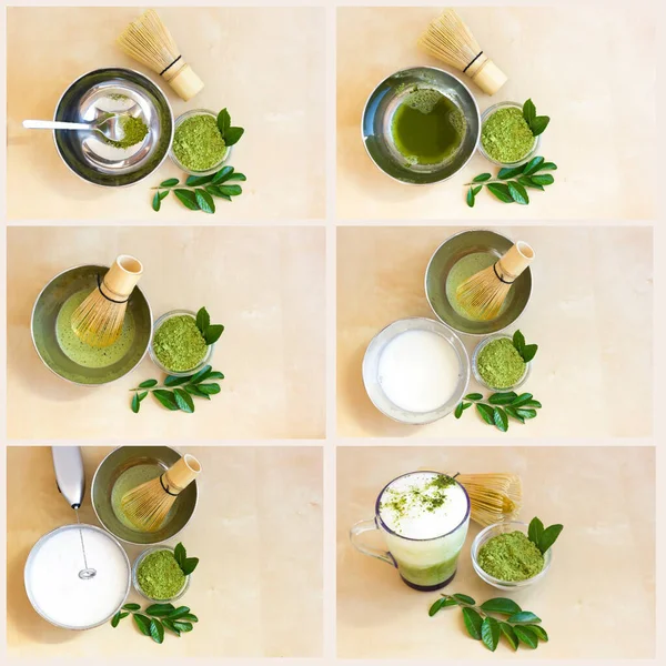 Matcha Tea Cappuccino Kollázs Szuperkaja Egészséges Életmód Lépésről Lépésre Diy — Stock Fotó