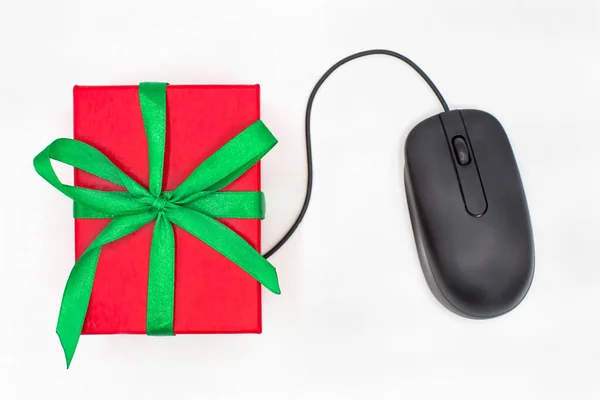 Red Box Gift Green Ribbon Next Computer Mouse White Background Royalty Free Stock Photos
