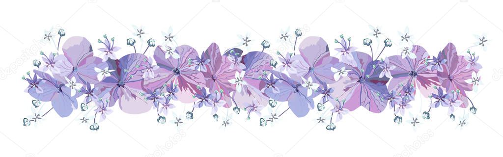 Decorative Floral border with purple flowers with buds and small light blue florets on white background. Isolated festive Floral vector design element for decoration.