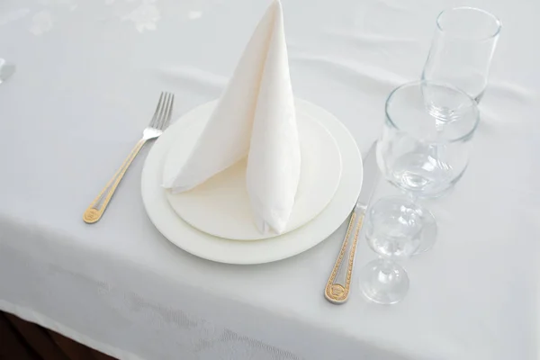 Elegante Tabel Lunch Bestek Met Witte Servet Vork Mes Witte — Stockfoto