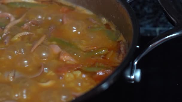 用木制勺子做海鲜饭的壶 — 图库视频影像