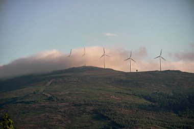 Elektrikli yel değirmenleri ve sisli yeşil dağ manzarası