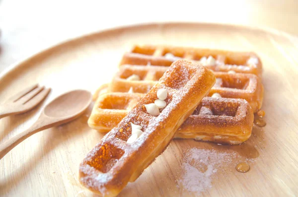 Honey Waffle Wood Plate Cafe — Stock Photo, Image