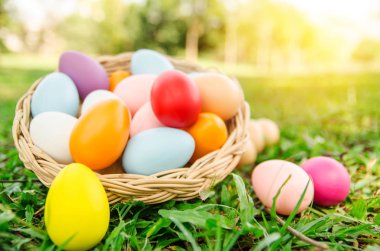 Yeşil çimenlerin üzerinde Paskalya yumurta. bahar tatil kavramı