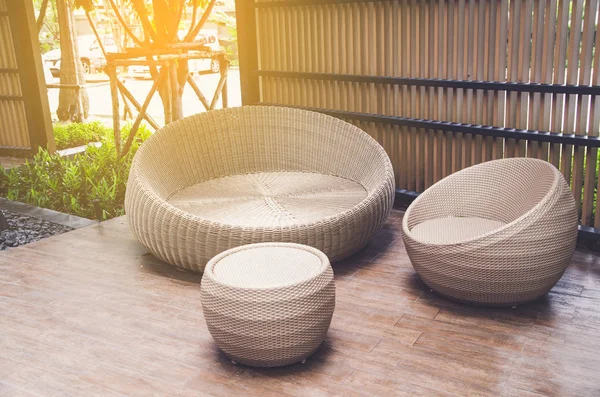 Tuinmeubilair Rotan Fauteuils Tabel Terras — Stockfoto