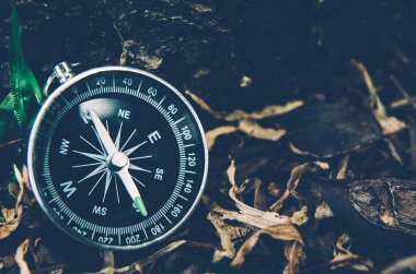 Ahşap arka plan üzerinde antika pirinç pusula (vintage)