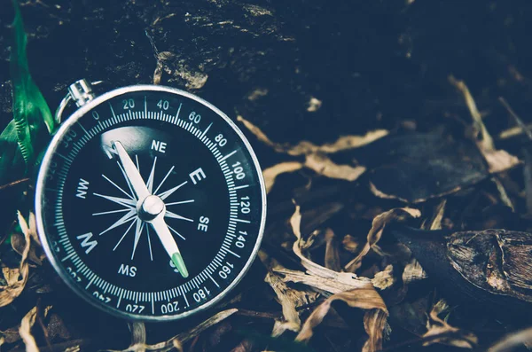 Antique Brass Compass Wooden Background Vintage — Stock Photo, Image