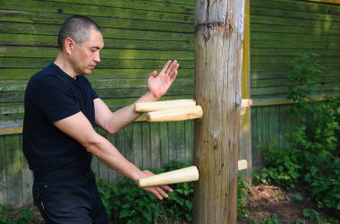 Çin dövüş sanatı olan Wing Chun Kung Fu dövüşçüsü tahta kukla üzerinde çalışıyor.