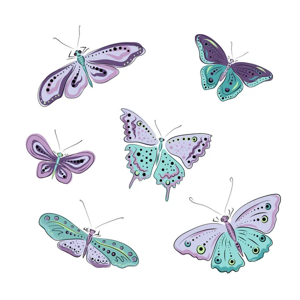 Polilla dibujada a mano y mariposas. Conjunto de vectores de color pastel. Lila, púrpura, rosa, cian y turquesa con líneas y puntos negros. Todos los elementos están aislados . — Archivo Imágenes Vectoriales