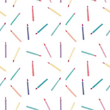 Kusursuz çizgi film deseni. Beyaz üzerine izole edilmiş renkli mumlarla parti arka planı. Paketleme, kağıt, tekstil için. El çizim biçimi.