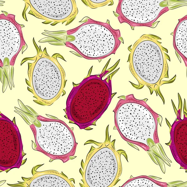 Απρόσκοπτη μοτίβο με φρούτα δράκο pitaya κόκκινο, κίτρινο, ροζ χρώμα, στο παρασκήνιο. Χειροποίητη διανυσματική απεικόνιση σε στυλ σκίτσο για καλοκαιρινό τροπικό εξώφυλλο, vintage υφή. Ολόκληρα φρούτα και φέτες. — Διανυσματικό Αρχείο
