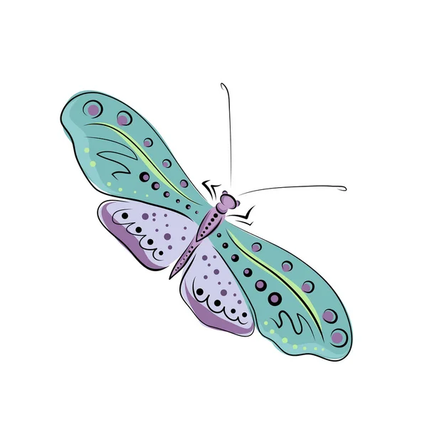 手绘飞蛾和蝴蝶彩色彩色矢量图解 粉红色 青色和绿松石色 带有黑线和黑点 孤立的因素 — 图库矢量图片