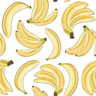 İzole edilmiş muzun elle çizilmiş kusursuz deseni. Oymalı renkli sanat. Lezzetli tropikal vejetaryen nesneler. Restoran, menü, meyve suyu kasesi, market, mağaza, parti dekorasyonu, yemek için kullan. Meyve tekstili
