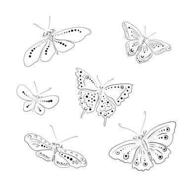 El yapımı güve ve kelebekler. Siyah çizgiler ve noktalar vektör kümesi. Tüm elementler izole edildi.
