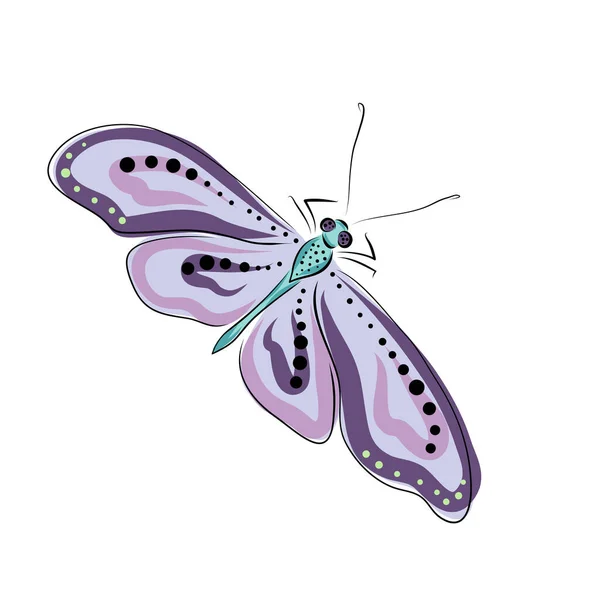 Ngengat dan kupu-kupu. ilustrasi vektor berwarna pastel. Lilac, ungu, pink, cyan dan warna pirus dengan garis hitam dan titik-titik. Elemen terisolasi. - Stok Vektor