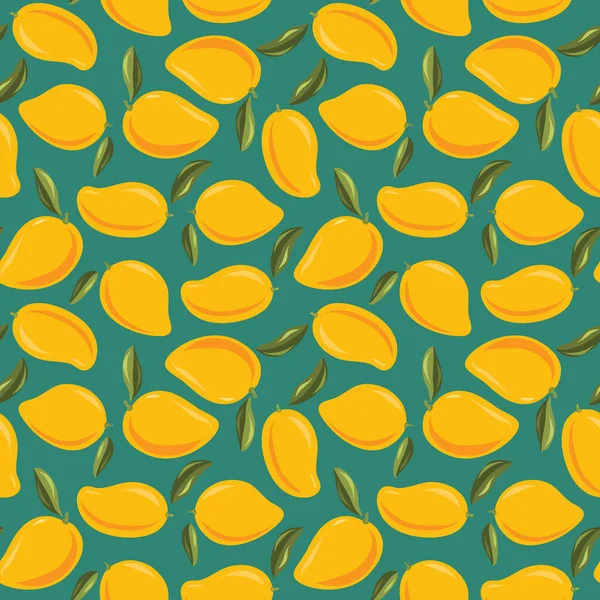 Mangomuster, Textur oder Hintergrundvektor nahtloses Design. Tropische und exotische Illustration von gelben und orangen Früchten auf türkisblauem Hintergrund. Ganz und gar. — Stockvektor